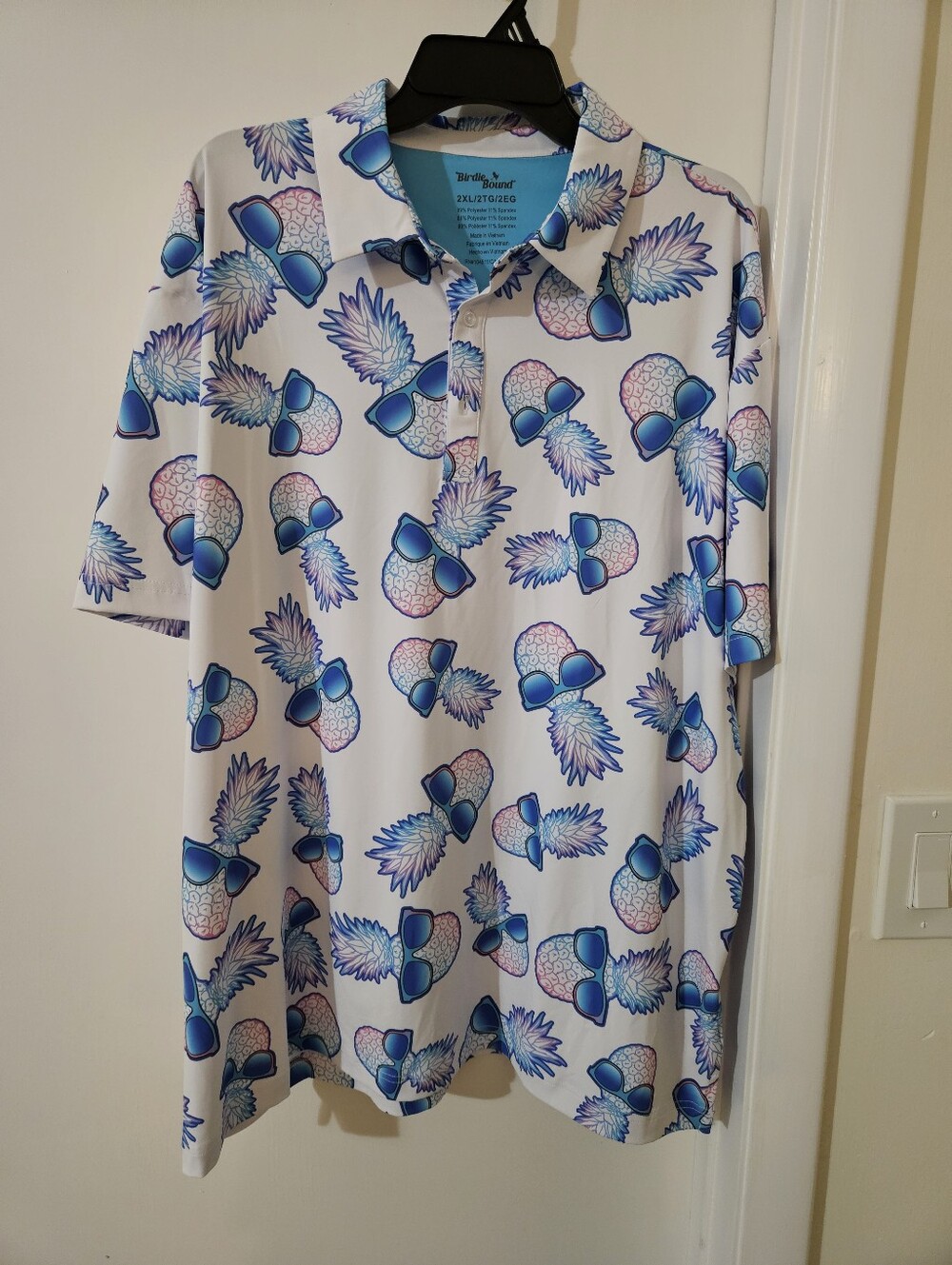 Birdie Bound Mens 2XL Golf Polo Shirt White Pineapple Sunglasses Stretch NWT